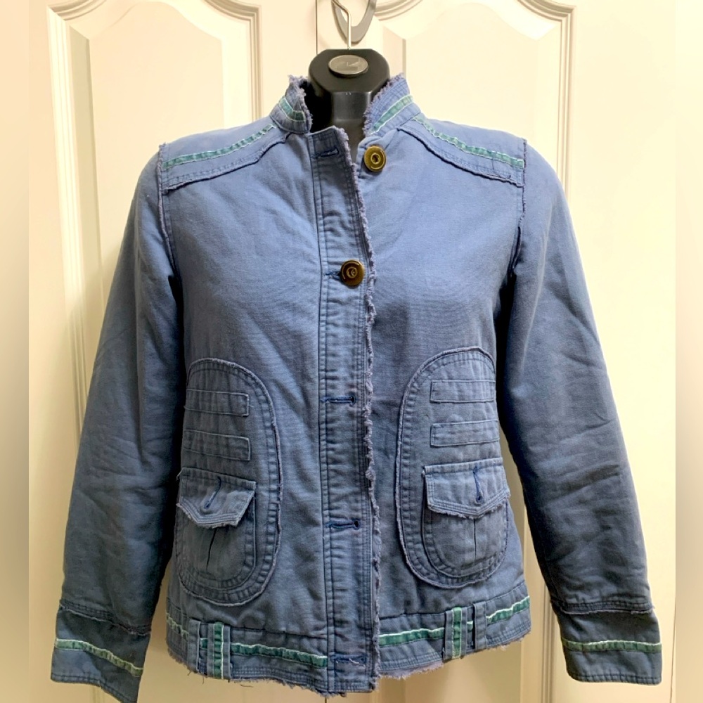 Denim Blue Small Lined Y2K Nikita Jacket Funnel Collar frayed hem Velour Piping